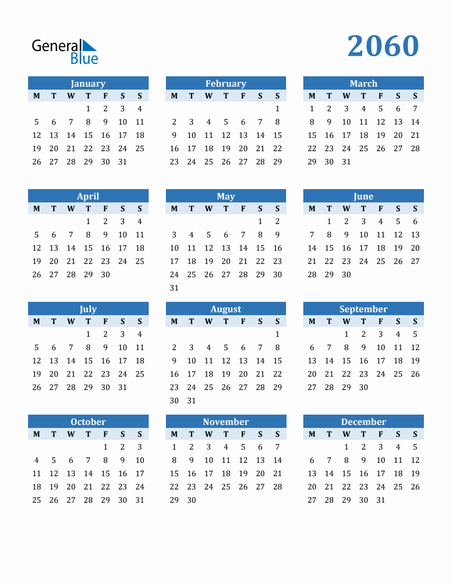 Free 2060 Year Calendar in PDF, Word, and Excel