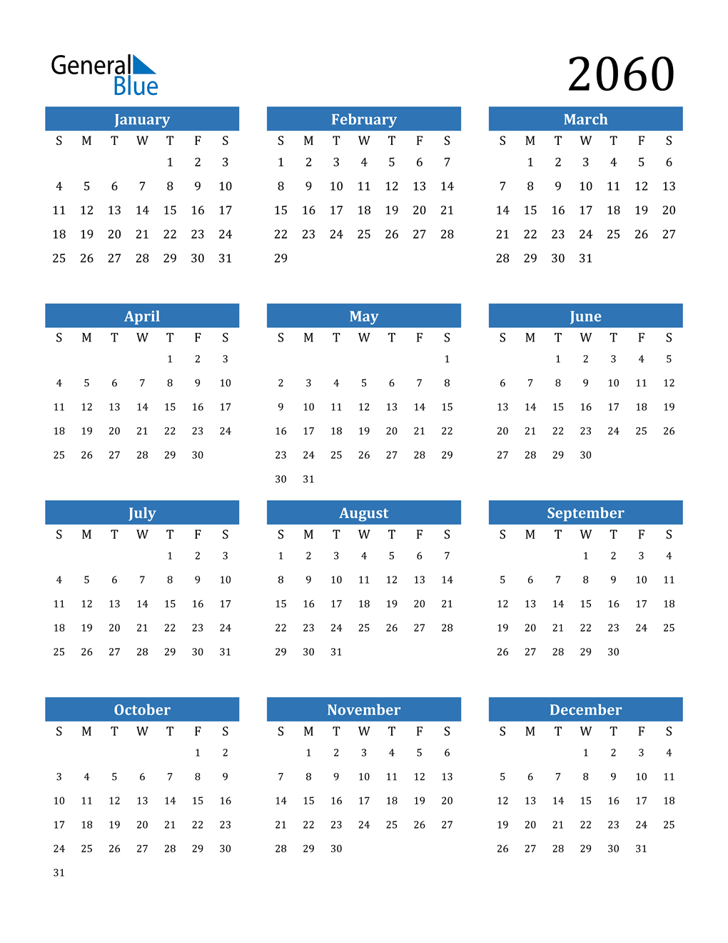 2060 Calendar (PDF, Word, Excel)