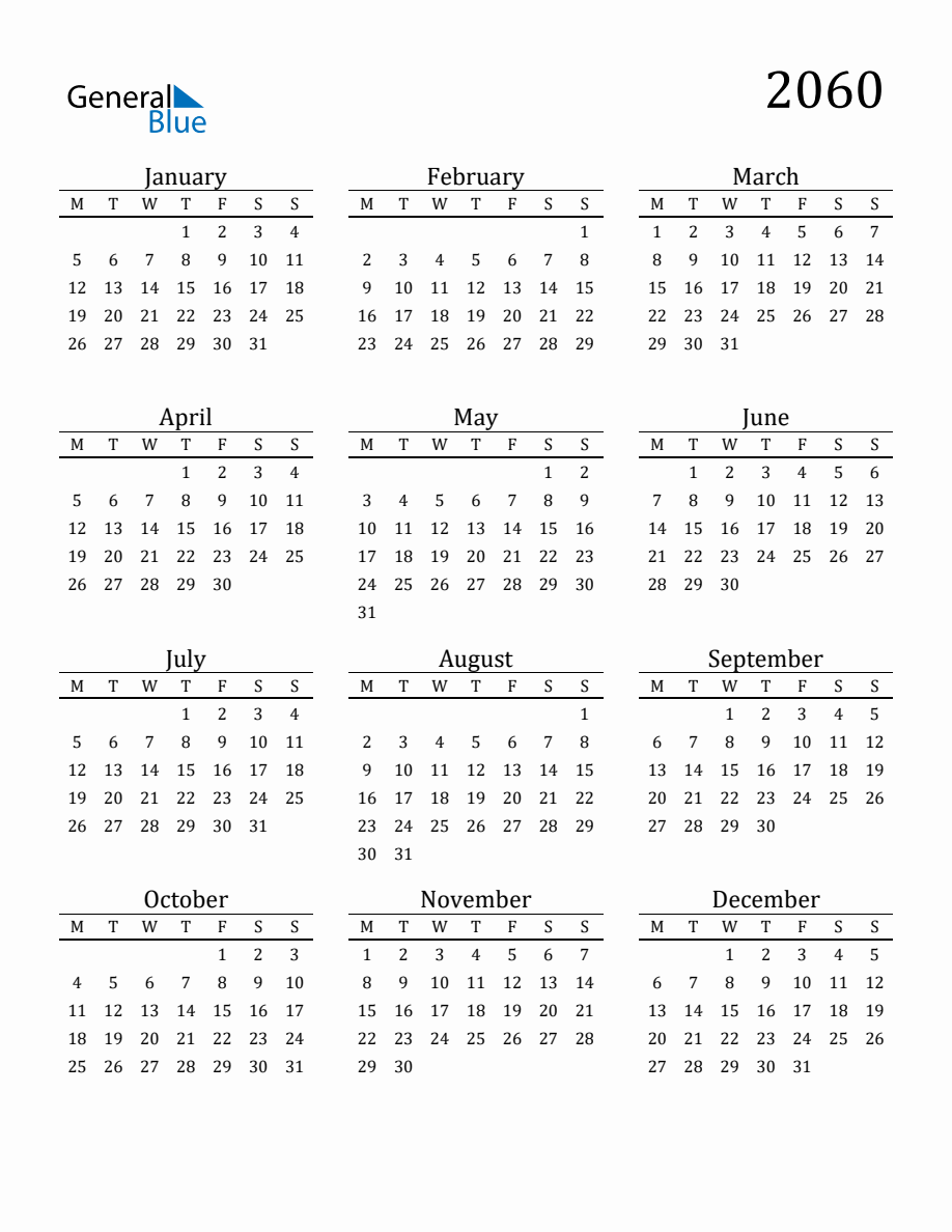 Year 2060 Free Printable 12-Month Calendar