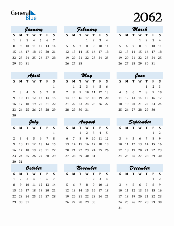 Calendar 2062 Free Download and Print