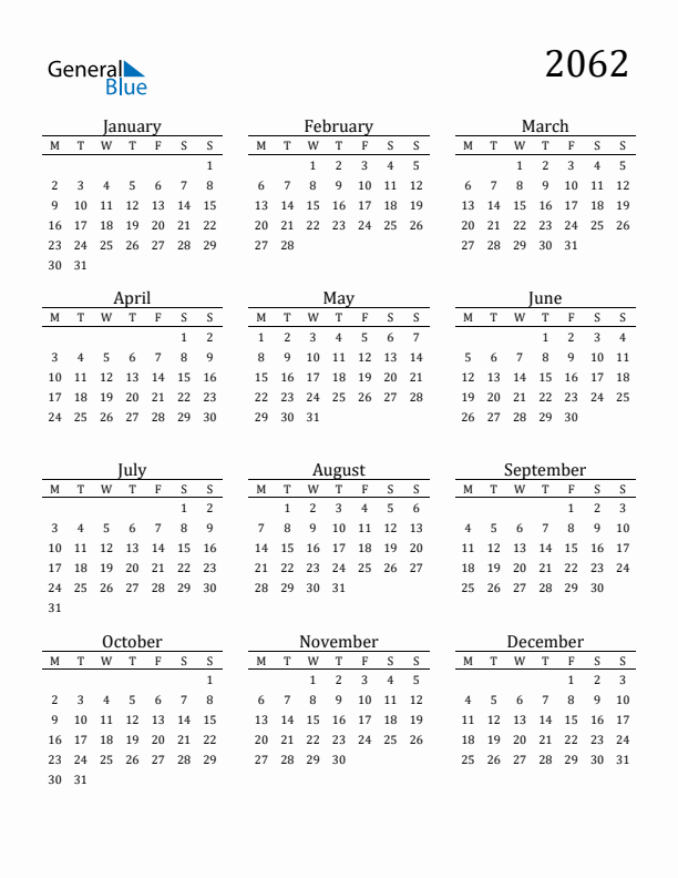 Free Printable Calendar 2062 with Monday Start