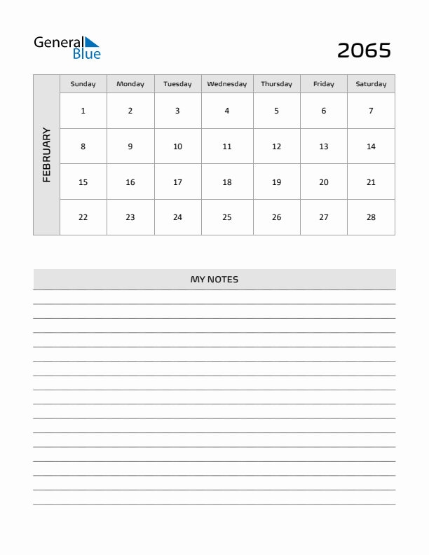February 2065 Calendar Printable