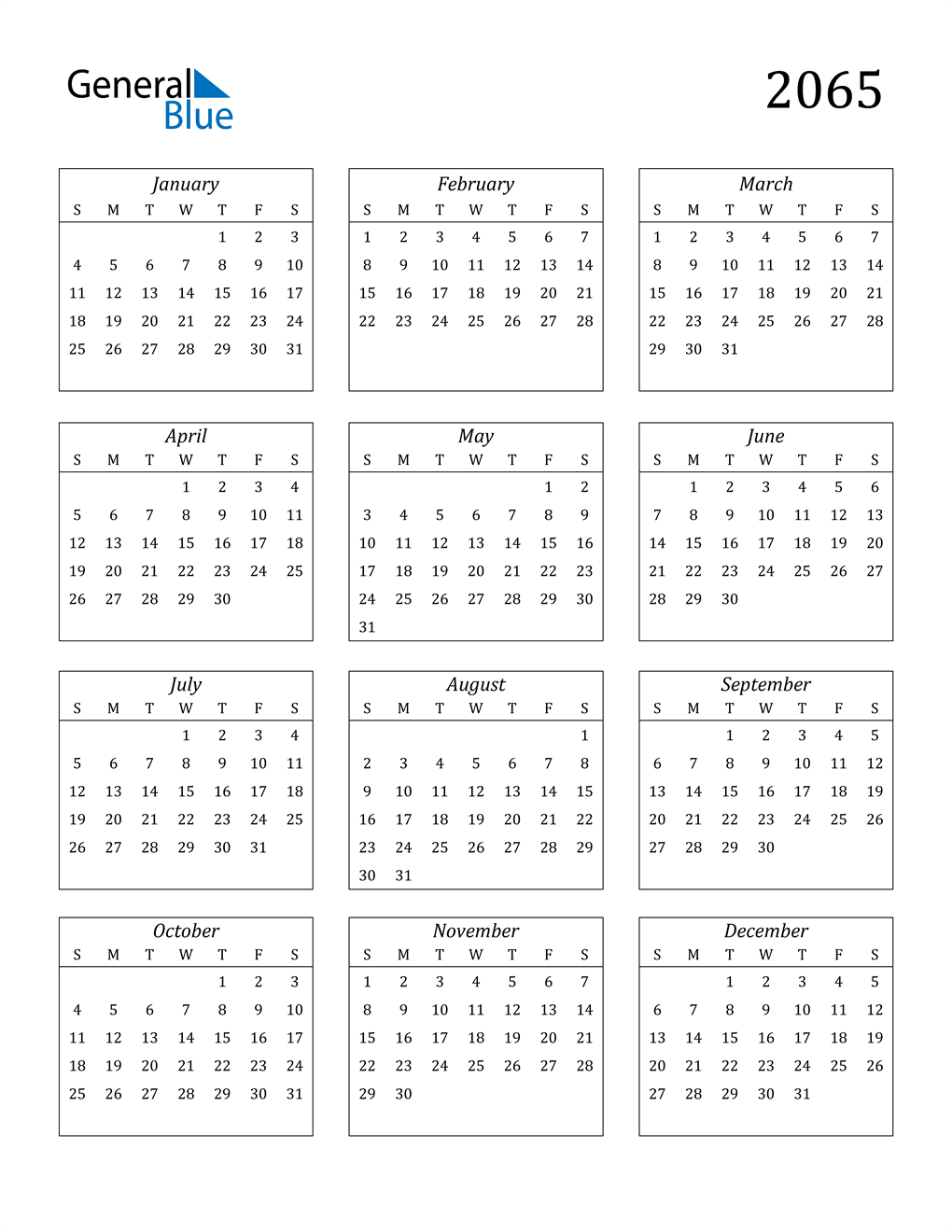 2065 Calendar (PDF, Word, Excel)