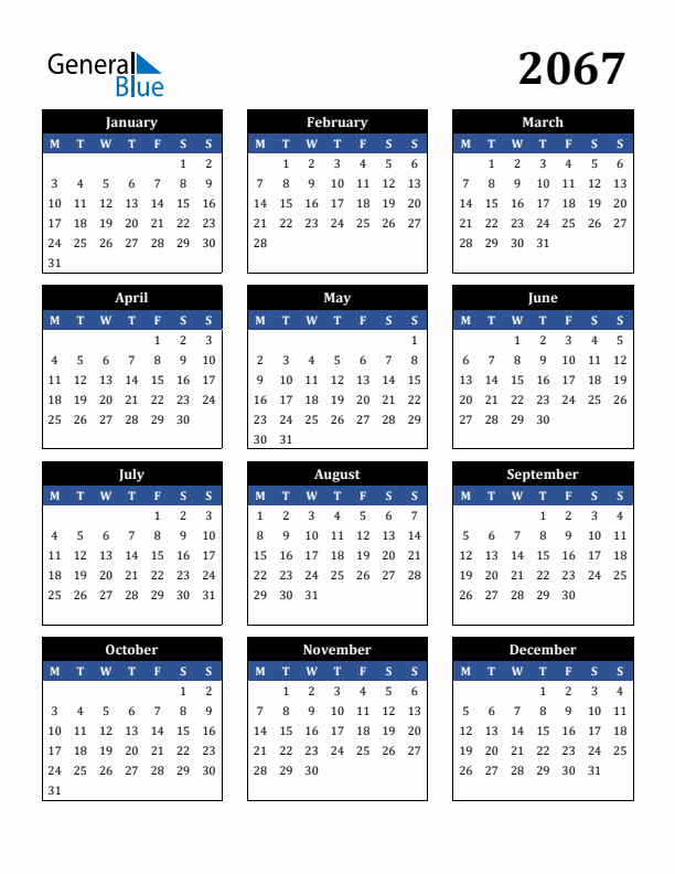 Editable Calendar 2067 - Monday Start