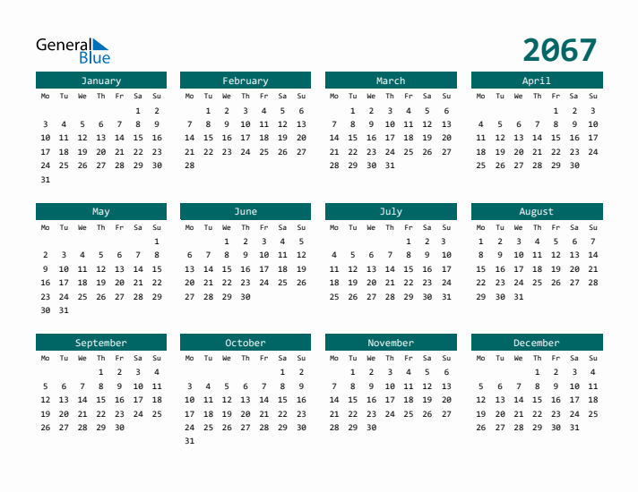 Downloadable 2067 Calendar