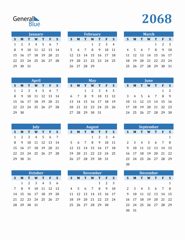 2068 Year Calendar with Sunday Start