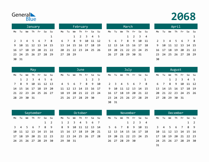 Downloadable 2068 Calendar