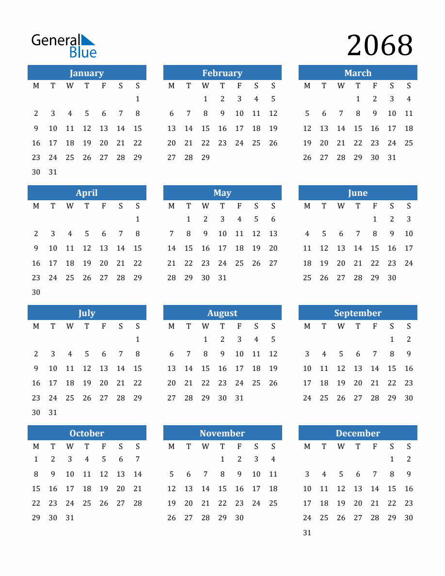 2068 Yearly Calendar