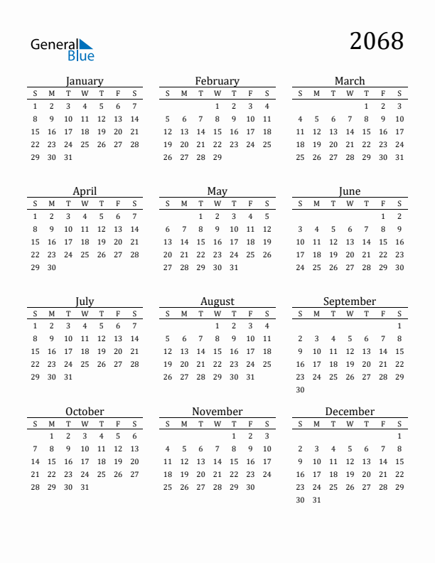 Free Printable Calendar 2068 with Sunday Start