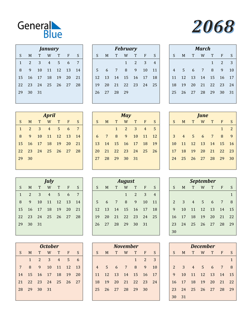 2068 Calendar (PDF, Word, Excel)