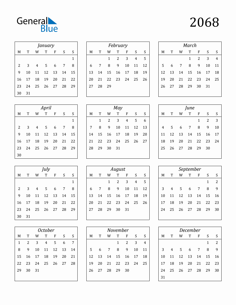 2068 Blank Yearly Calendar Printable