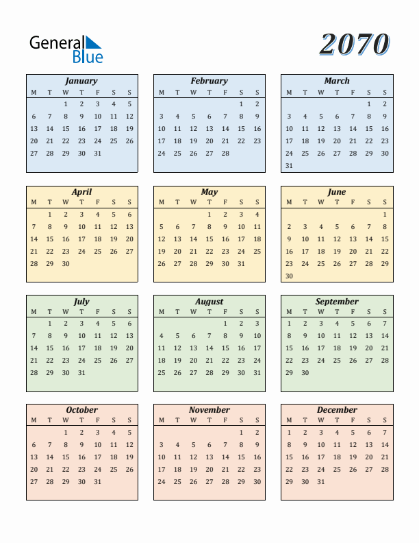 Calendar for 2070 (Monday Start)