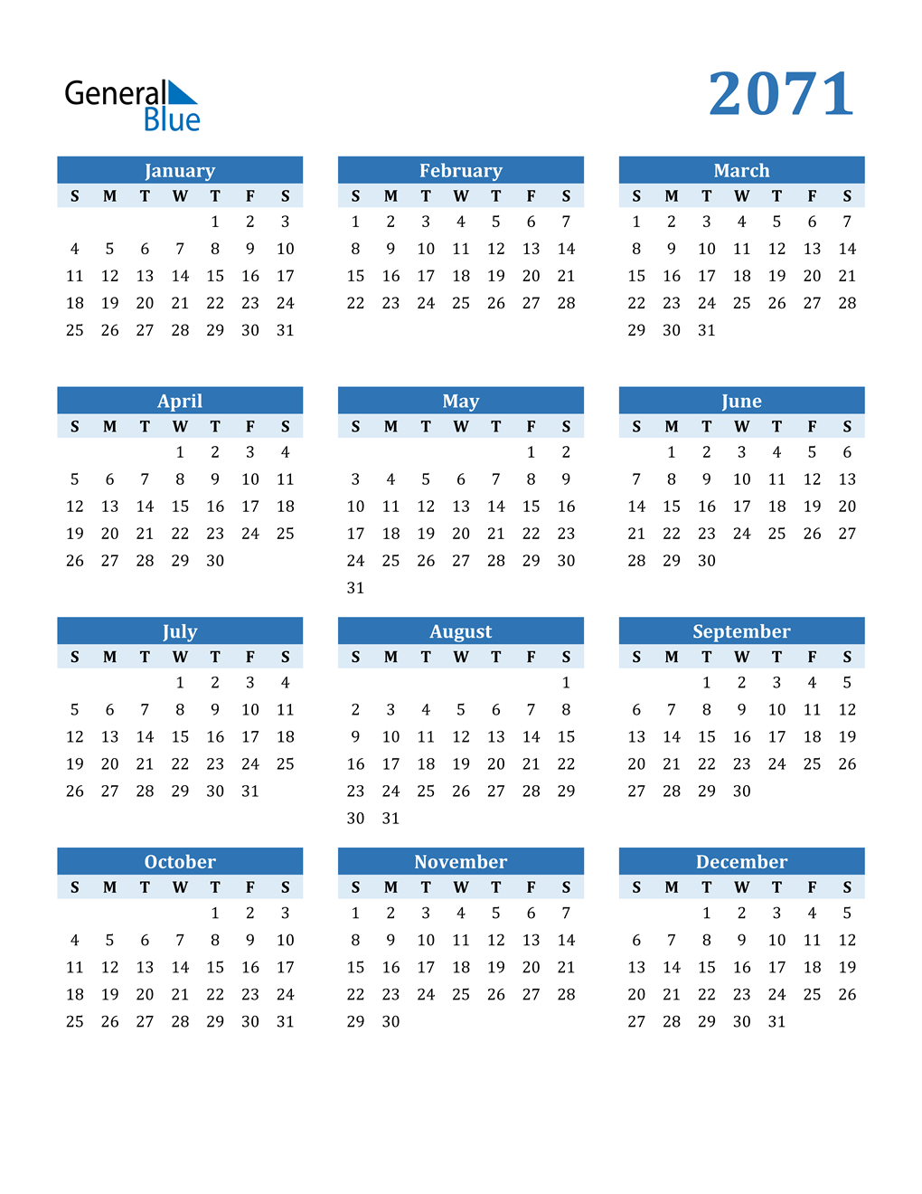 2071 Calendar (PDF, Word, Excel)