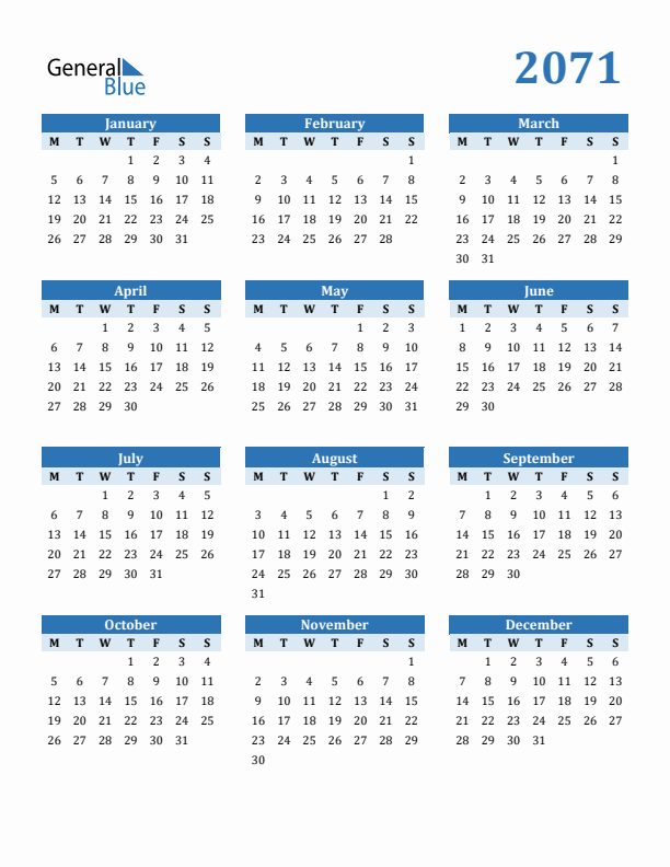 2071 Year Calendar with Monday Start