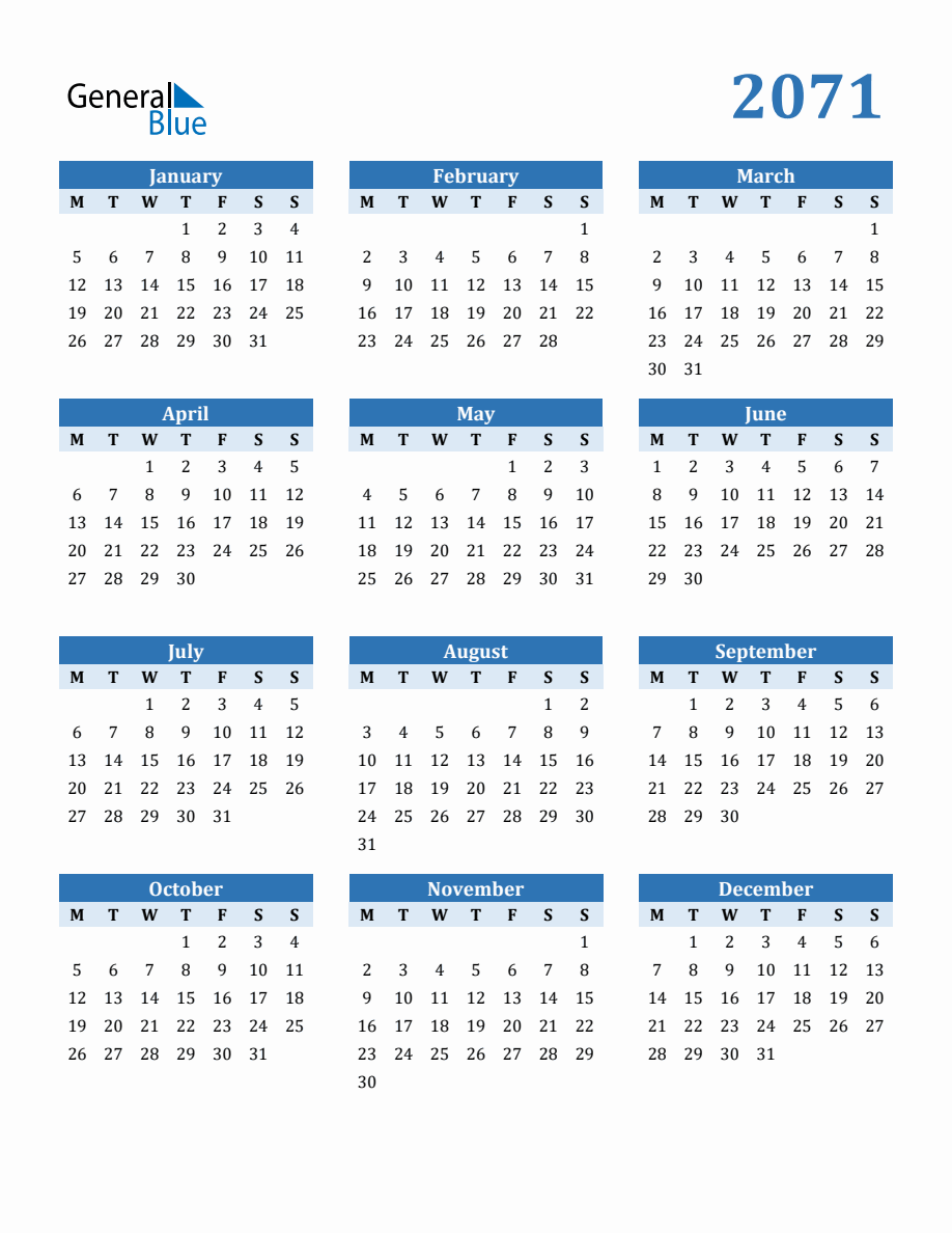 Free 2071 Year Calendar in PDF, Word, and Excel