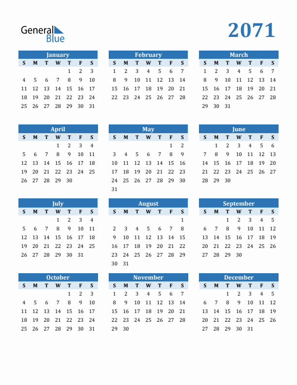 2071 Year Calendar with Sunday Start
