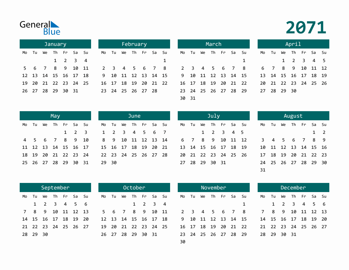 2071 Full-Year Calendar