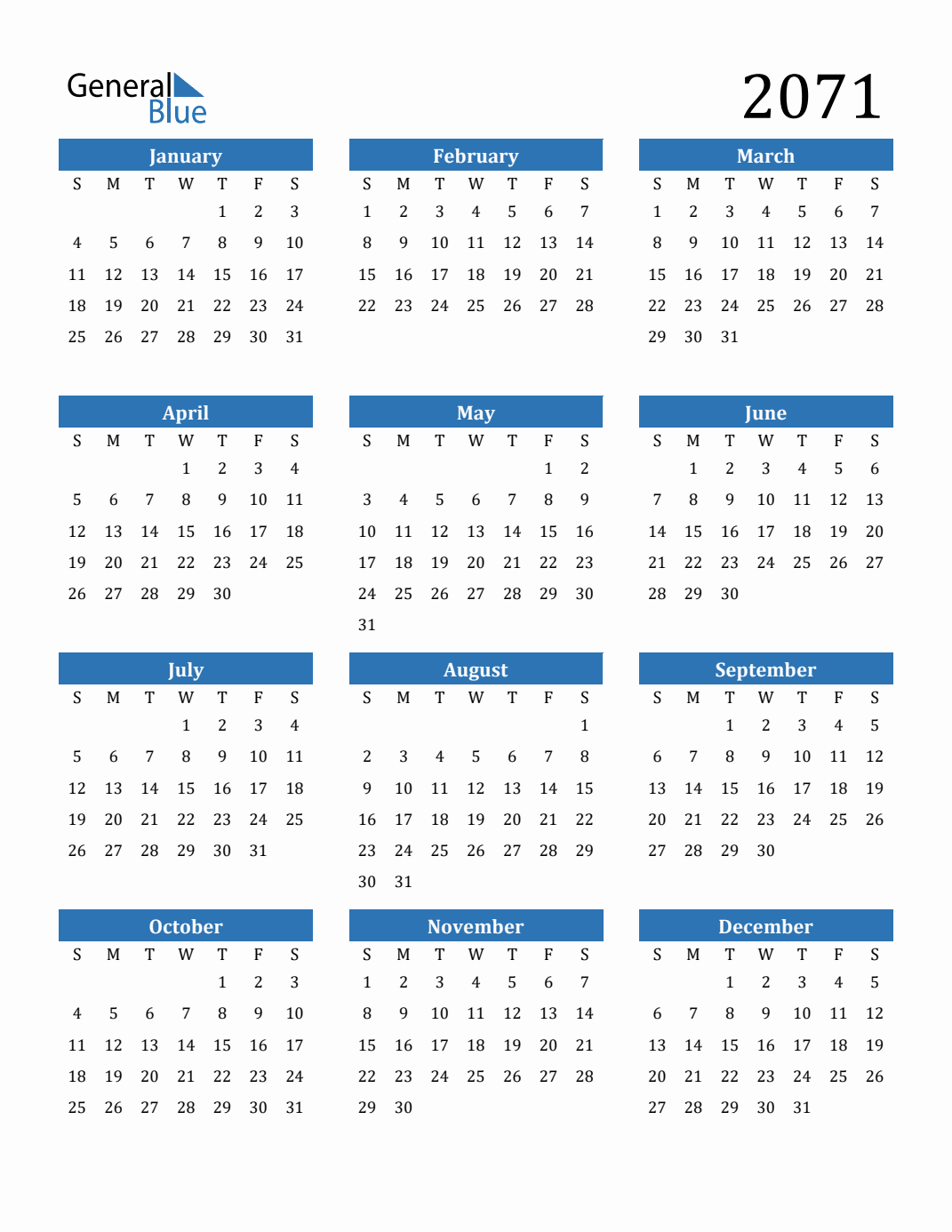 2071 Yearly Calendar Templates with Monday Start