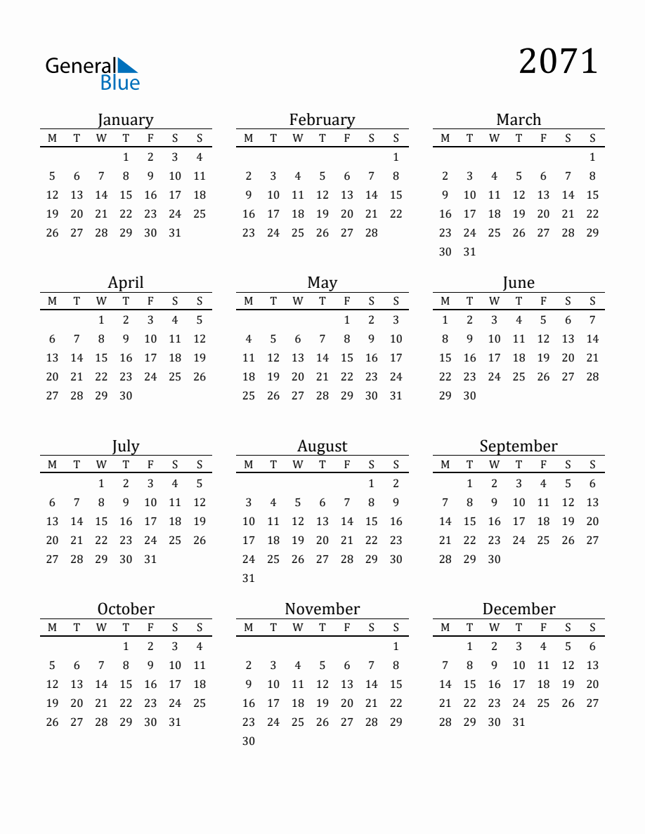 Year 2071 Free Printable 12-Month Calendar