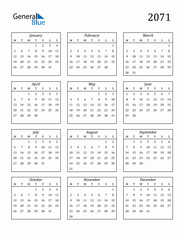 2071 Yearly Calendar Templates with Monday Start