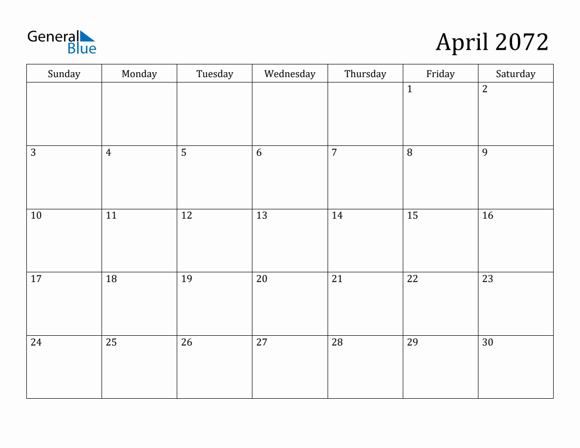 April 2072 Monthly Calendar