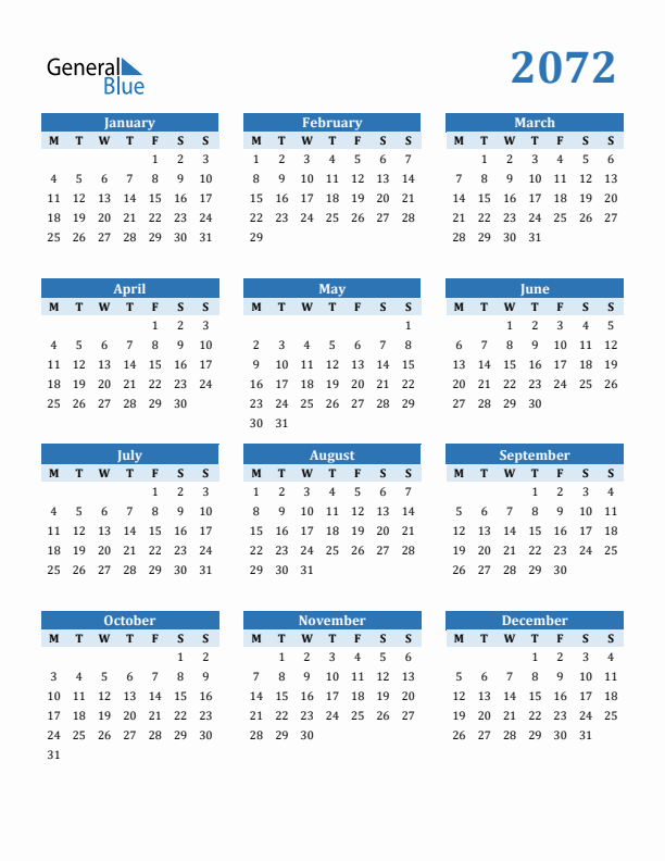 2072 Year Calendar with Monday Start