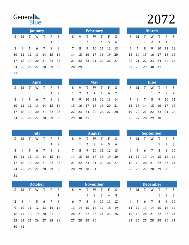 2072 Calendar