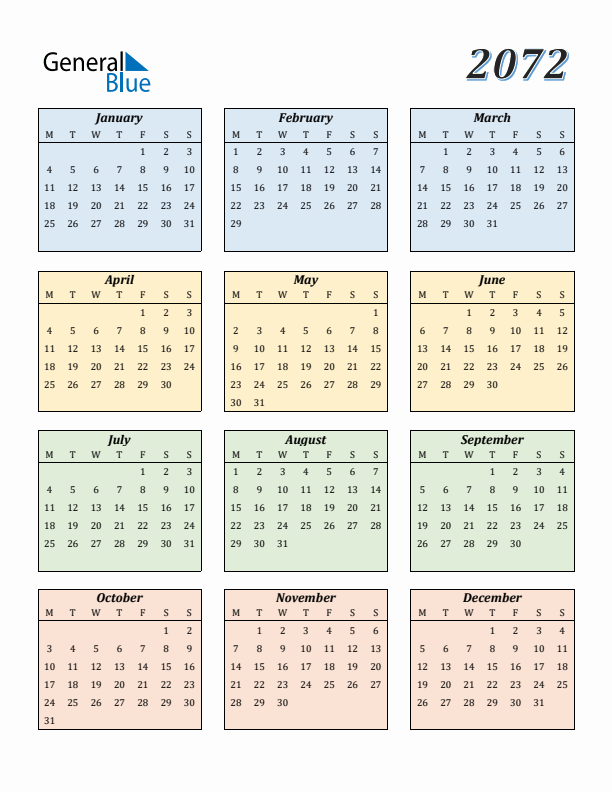Calendar for 2072 (Monday Start)