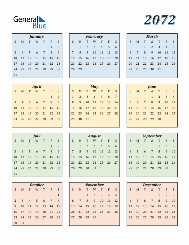 Calendar for 2072 (Sunday Start)