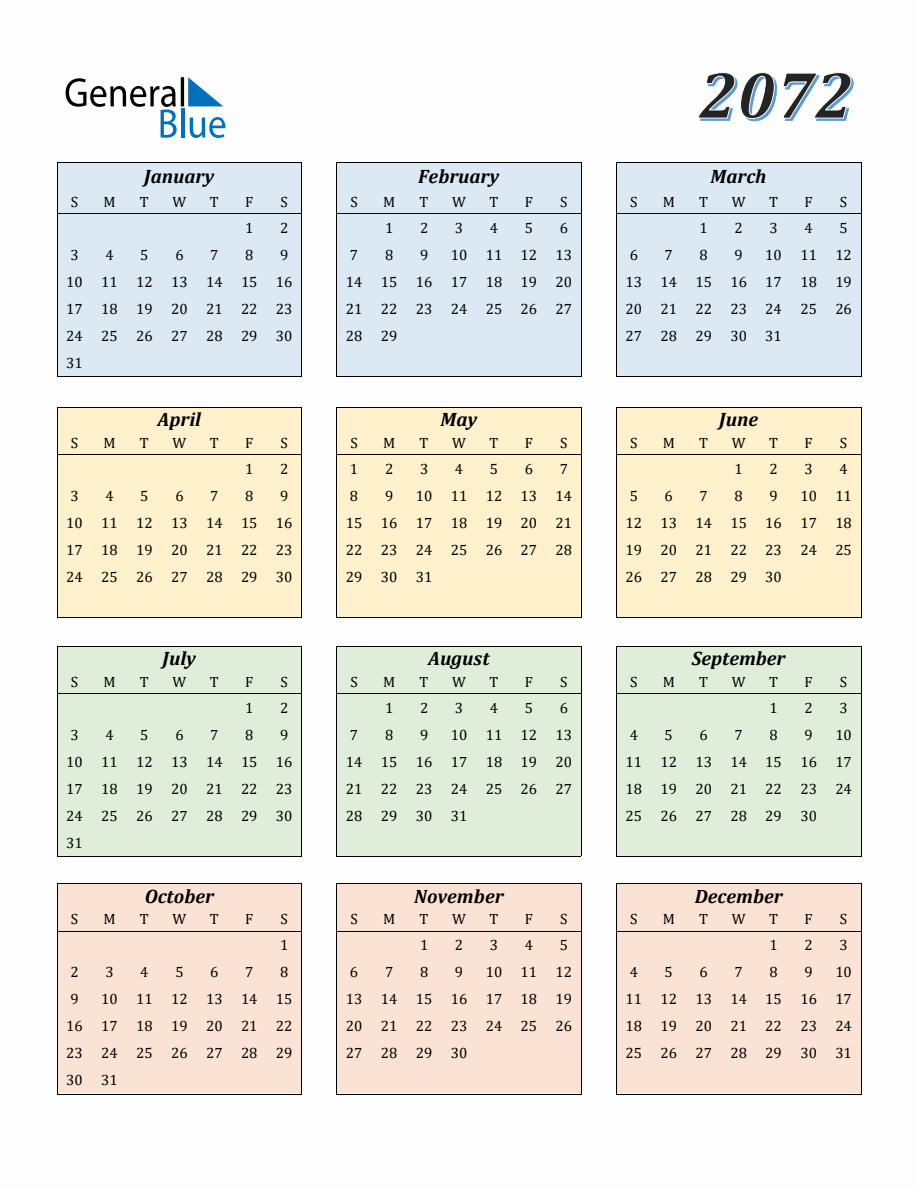 Calendar for Year 2072