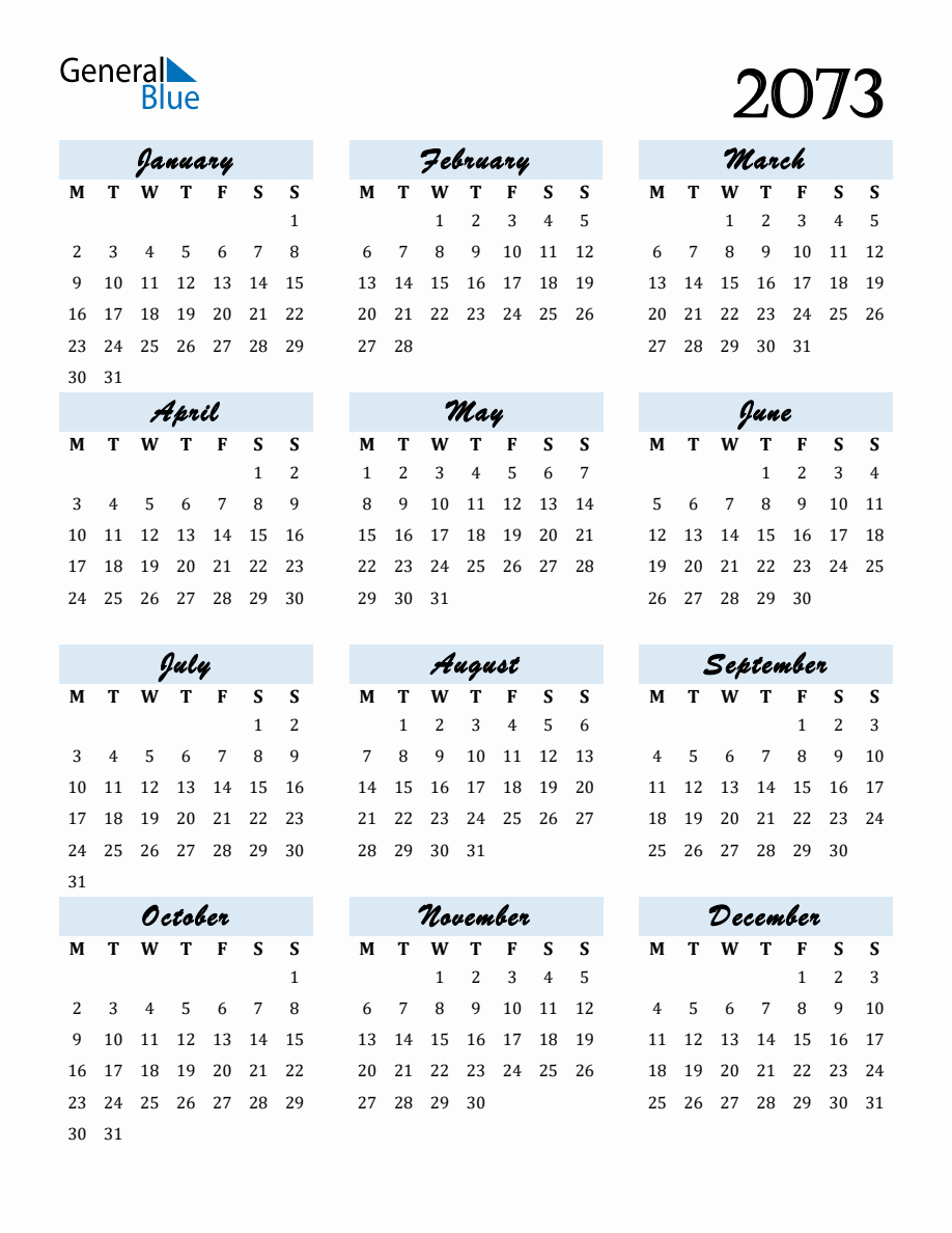 Free Downloadable Calendar for Year 2073