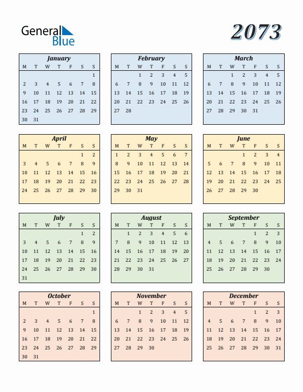 Calendar for 2073 (Monday Start)