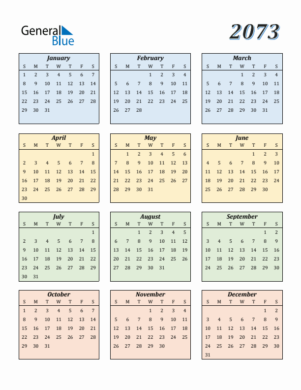 Calendar for 2073 (Sunday Start)
