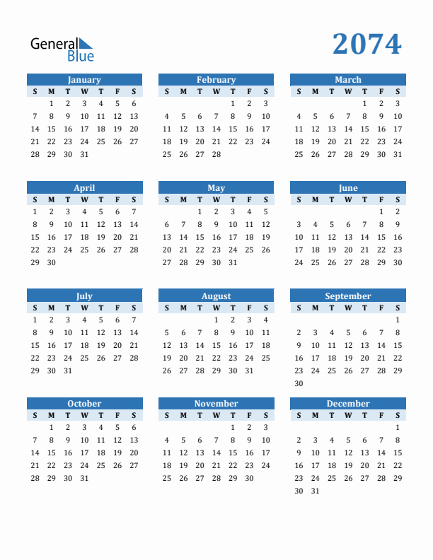 2074 Year Calendar with Sunday Start