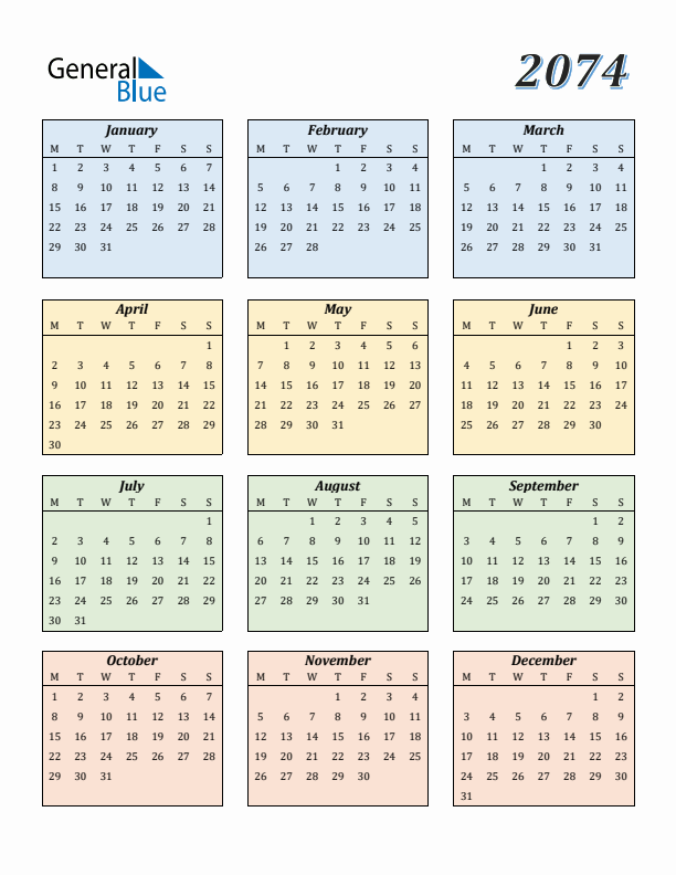 Calendar for 2074 (Monday Start)