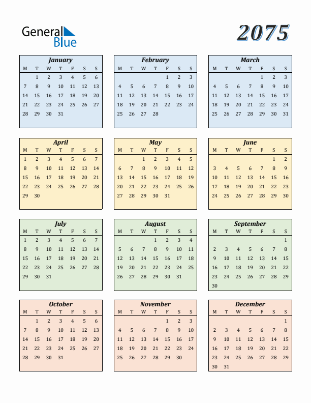 Calendar for 2075 (Monday Start)