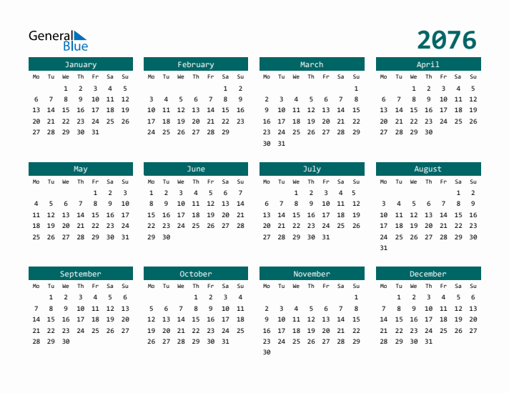 Downloadable 2076 Calendar