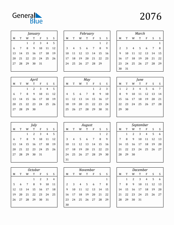Blank Calendar 2076