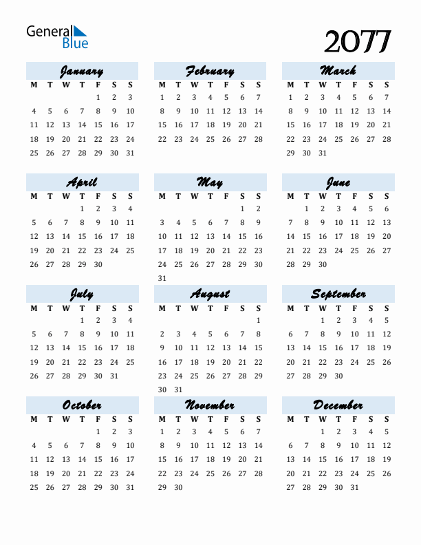 Calendar 2077 Free Download and Print