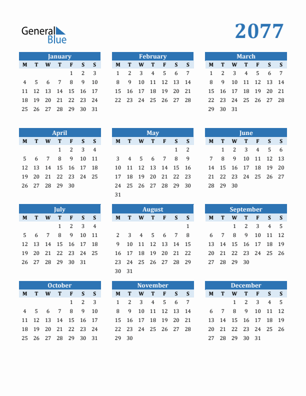 2077 Year Calendar with Monday Start