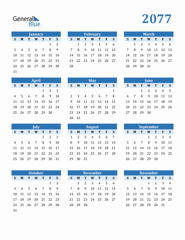 2077 Year Calendar with Sunday Start