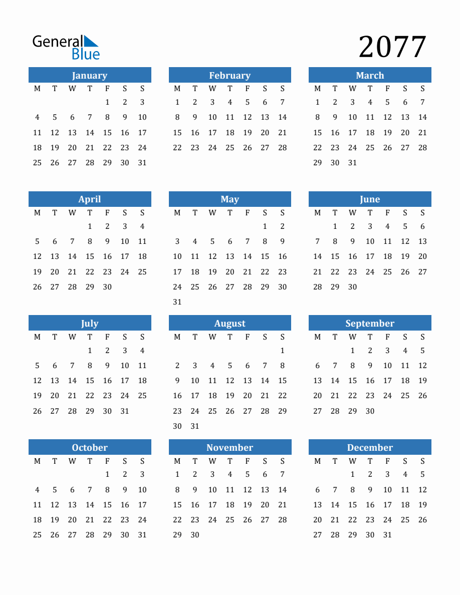2077 Yearly Calendar