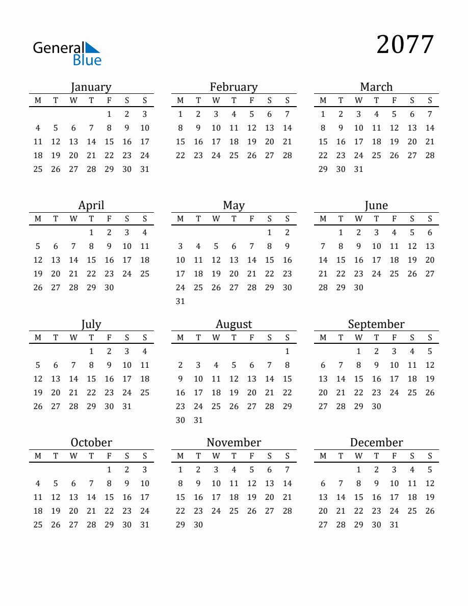 Year 2077 Free Printable 12-Month Calendar