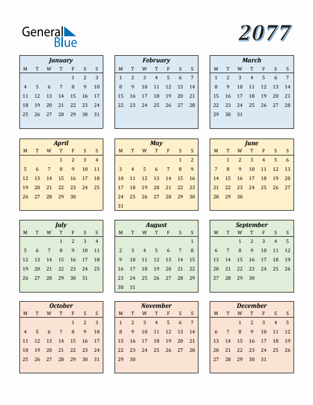 Calendar for 2077 (Monday Start)