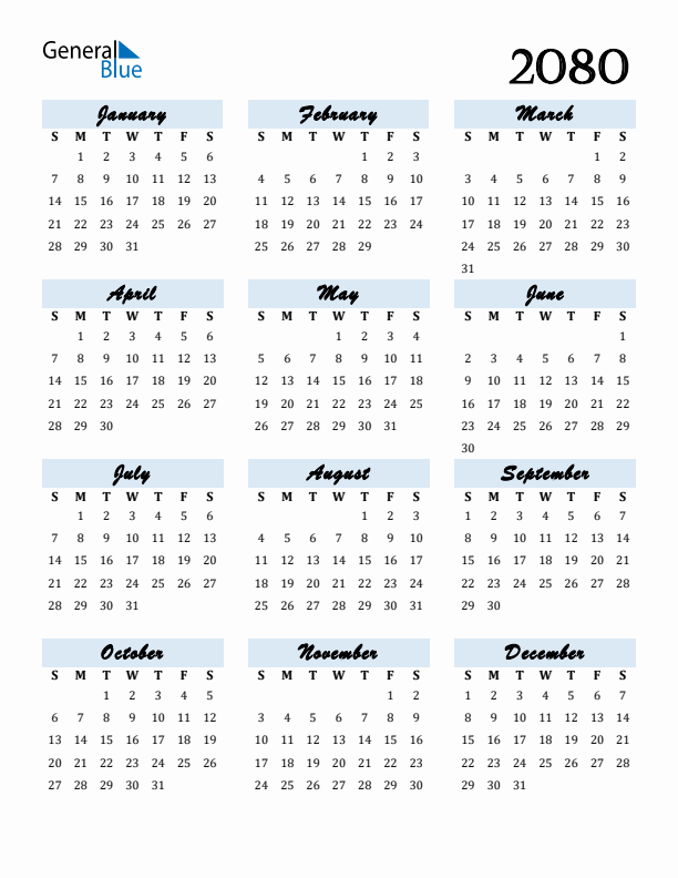 Calendar 2080 Free Download and Print