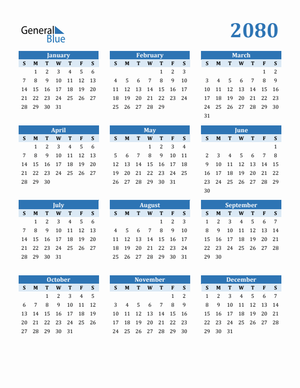 2080 Year Calendar with Sunday Start
