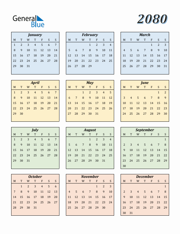 Calendar for 2080 (Monday Start)