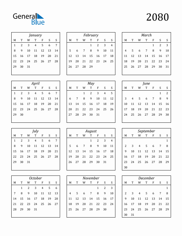 Blank Calendar 2080