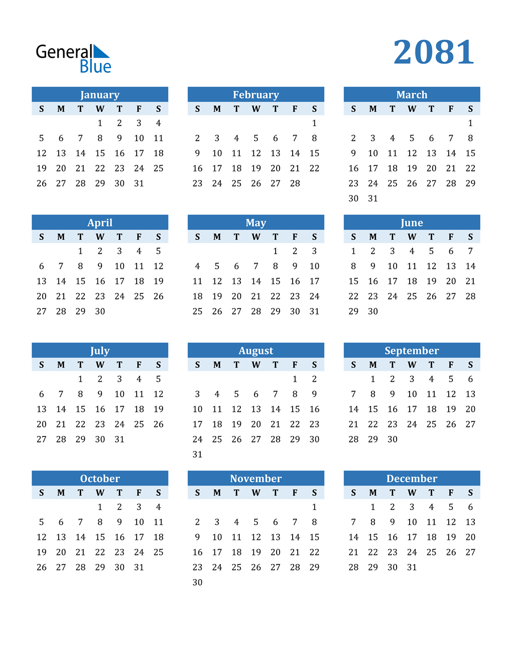 2081 Calendar (PDF, Word, Excel)