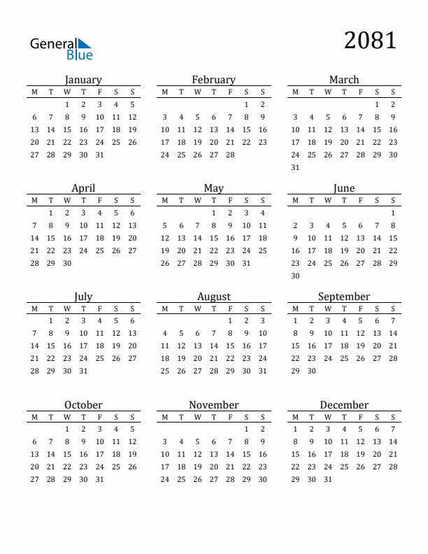 2081 Yearly Calendar Templates With Monday Start